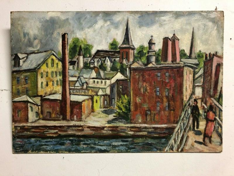 MARKO VUKOVIC (1892-1973) O/B CITYSCAPE CIRCA 1960'S,: MARKO VUKOVIC (1892-1973) O/B CITYSCAPE CIRCA 1960'S, UNFRAMED, PAINTING MEASURES 16" X 24". THIS IS POSSIBLY SAUGERTIES, N.Y. HE WAS A MEMBER OF THE WOODSTOCK ARTIST'S ASSOCIATION. FROM ESTATE OF ART