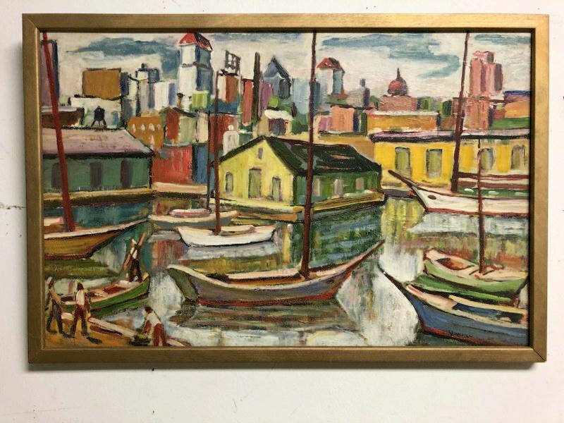 MARKO VUKOVIC (1892-1973) O/B CITYSCAPE, WITH DOCK AND: MARKO VUKOVIC (1892-1973) O/B CITYSCAPE, WITH DOCK AND BOATS IN FOREGROUND, CIRCA 1960'S, PAINTING MEASURES 16" X 24". SIGNED LOWER RIGHT. HE WAS A MEMBER OF THE WOODSTOCK ARTIST'S ASSOCIATION. FROM E