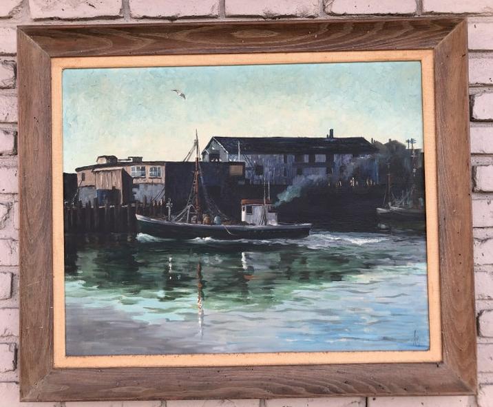 ALTHEA SPALDING ODELL ( 1921-2001) O/C RONDOUT CREEK,: ALTHEA SPALDING ODELL ( 1921-2001) O/C RONDOUT CREEK, WITH BUILDINGS AND BOAT ON WATER, INITIALED LOWER RIGHT, PAINTING MEASURES 30" X 24". FROM ESTATE OF ARTIST ALTHEA SPALDING ODELL (1921-2001) , BO