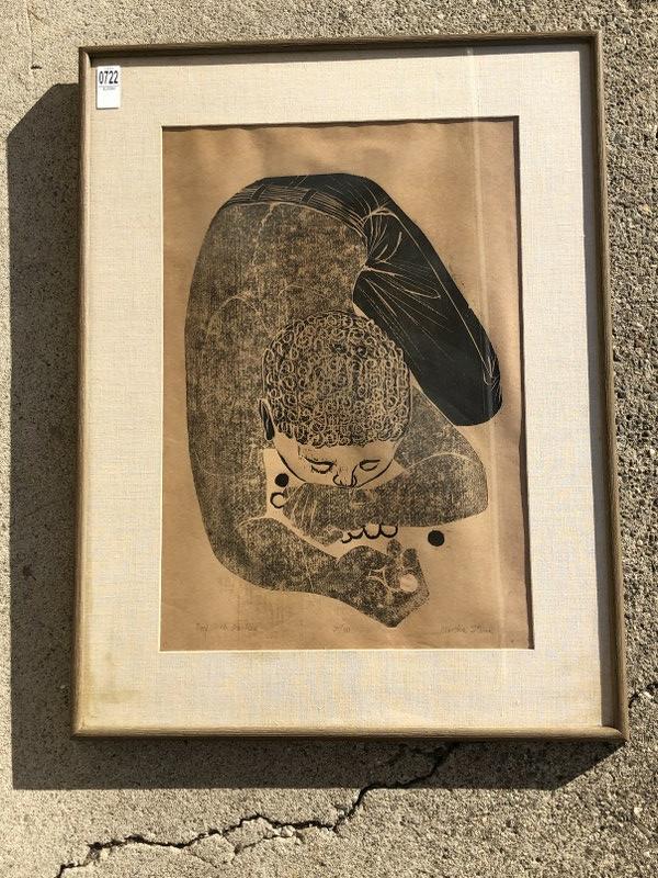 MARTHA STEIN OR STERN MID CENTURY PRINT TITLED ( BOY: MARTHA STEIN OR STERN MID CENTURY PRINT TITLED ( BOY WITH MARBLES ) , 31/50, SIGNED LOWER RIGHT, IN NICE MID CENTURY FRAME AND LINEN MATTING, PRINT MEASURES 22.5" X 16.5". FRAME SIZE 30" X 23". FROM E