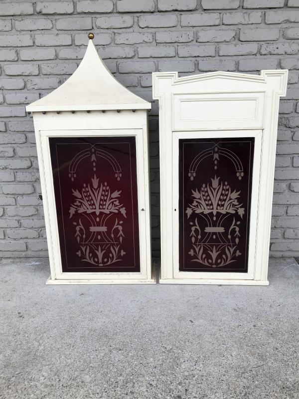(2) ETCHED GLASS DOORS CLEAR TO RUBY RED FROM THE MARY: (2) ETCHED GLASS DOORS CLEAR TO RUBY RED FROM THE MARY POWELL DAYLINER (AS IT WAS ALWAYS SAID BY THE FAMILY, AS THESE WERE PASSEWD DOWN THROUGH THE KINGSTON, N.Y. FAMILY). MADE IN TO THE CABINETS POSS