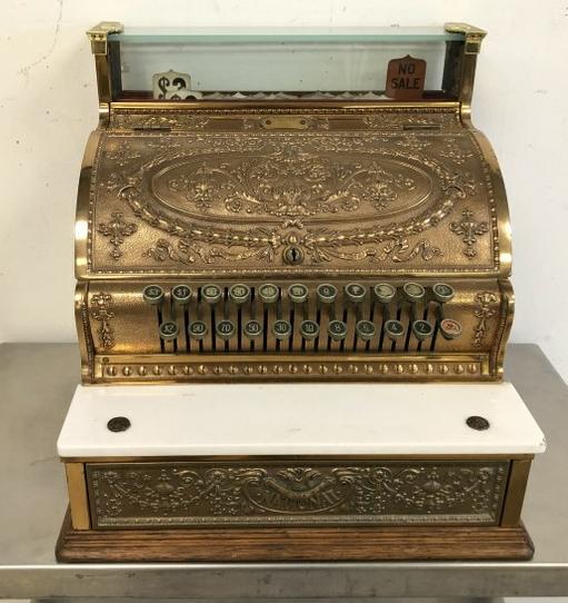 BRASS NATIONAL CASH REGISTER, FROM LOCAL ESTATE, WAS: BRASS NATIONAL CASH REGISTER, FROM LOCAL ESTATE, WAS ALL REFURBISHED YEARS AGO. MODEL 332. SERIAL NUMBER 902957. MEASURES 17" W X 17"H X 16" DEEP. DRAWER OPENS FREELY, SOME ADJUSTMENT TO NUMBERS, AS S