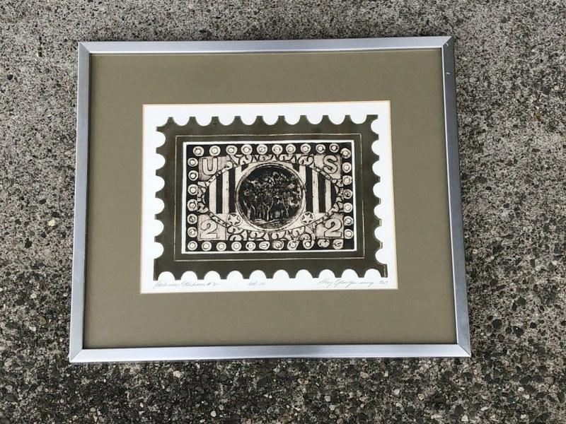 RAY GEORGE (1933-2005) 1969 INTAGLIO TITLED (: RAY GEORGE (1933-2005) 1969 INTAGLIO TITLED ( LICKUM-STICKUM #2) EDITION OF 10, NICELY FRAMED AND MATTED. PRINT MEASURES 9" X 11.5". FROM ARTIST'S ESTATE OF ALTHEA SPALDING ODELL.