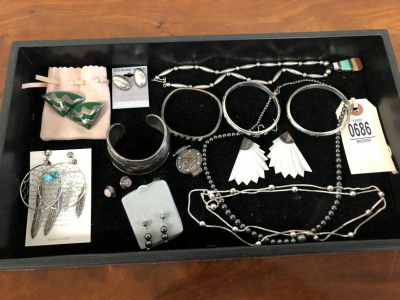 VINTAGE STERLING LOT INCL. BRACELETS, EARRINGS, AND 3: VINTAGE STERLING LOT INCL. BRACELETS, EARRINGS, AND 3 CHAINS, FROM SAME LOCAL ESTATE AS ALL THE OTHER STERLING LOTS.