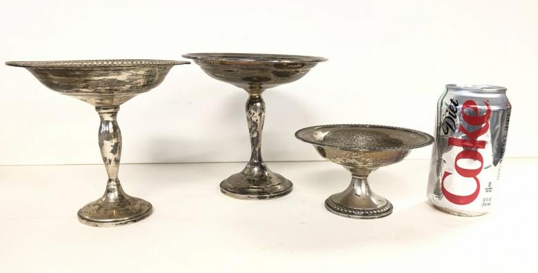 (3) STERLING WEIGHTED BOTTOM ESTATE PCS. INCLUDING (2): (3) STERLING WEIGHTED BOTTOM ESTATE PCS. INCLUDING (2) COMPOTES AND CANDY DISH. IN VERY NICE CONDITION, NO MONOGRAMS, OR BODY DAMAGE, GORHAM, FISHER AND AETNA ARE THE MAKERS.
