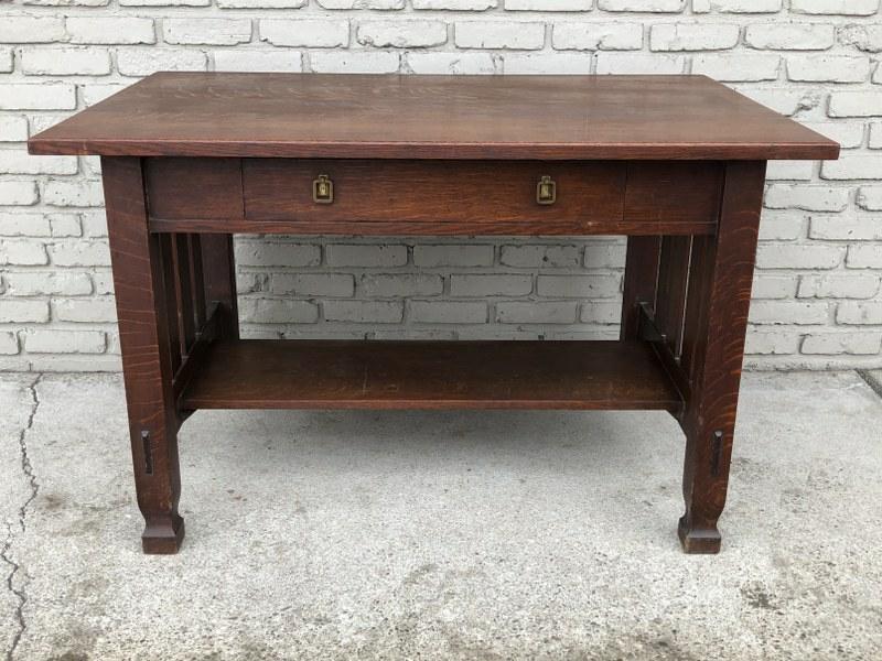 STICKLEY BROS. QUAINT MISSION OAK DESK WITH 1 DRAWER,: STICKLEY BROS. QUAINT MISSION OAK DESK WITH 1 DRAWER, CLEAN ESTATE CONDITION, BRASS LABEL UNDERNEATH. DESK MEASURES 48" WIDE X 32" DEEP X 30" HIGH.