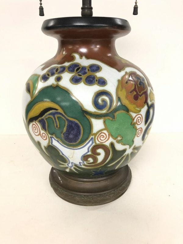 GOUDA ART POTTERY TABLE LAMP, GOOD OVERALL CONDITION,: GOUDA ART POTTERY TABLE LAMP, GOOD OVERALL CONDITION, ON OLD BASE, GREAT LOOKING, FROM BROOKLYN, N.Y. ESTATE, BASE MEASURES 10" HIGH.
