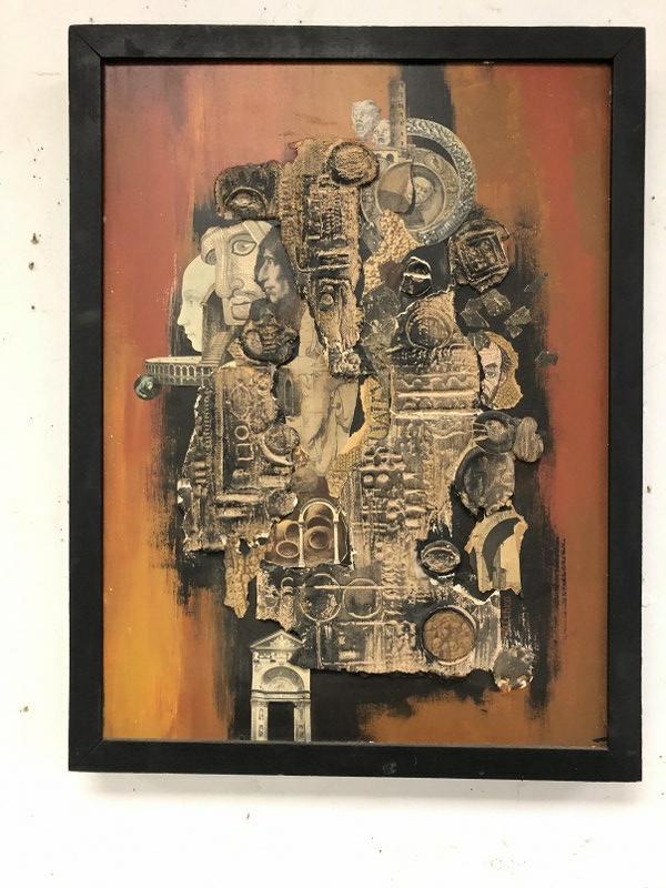 ALTHEA SPALDING ODELL (1921-2001) MID CENTURY MIXED: ALTHEA SPALDING ODELL (1921-2001) MID CENTURY MIXED MEDIA COLLAGE FROM HER ESTATE, LABEL ON BACK, IN BLACK WOOD FRAME. MEASURES 23" X 18", NICE ESTATE CONDITION, A FEW PIECES LOOSE.