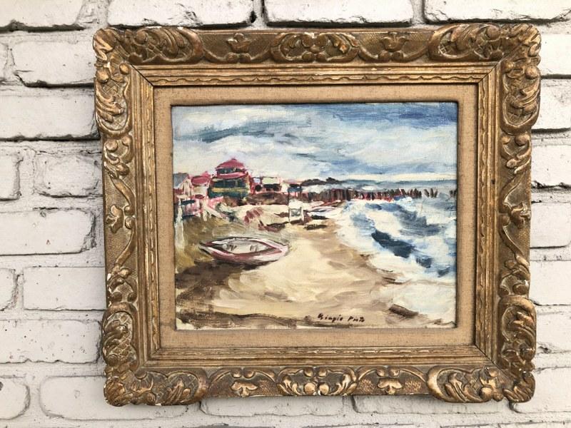 BIAGIO PINTO (1911-1989) IMPRESSIONIST O/C SEASCAPE: BIAGIO PINTO (1911-1989) IMPRESSIONIST O/C SEASCAPE WITH BOATS IN FOREGROUND, AND BUILDINGS IN BACKGROUND. SIGNED LOWER BORDER IN CENTER, PAINTING MEASURES 12" X 15", FRAME SIZE 18.5" X 21.5". IN VERY