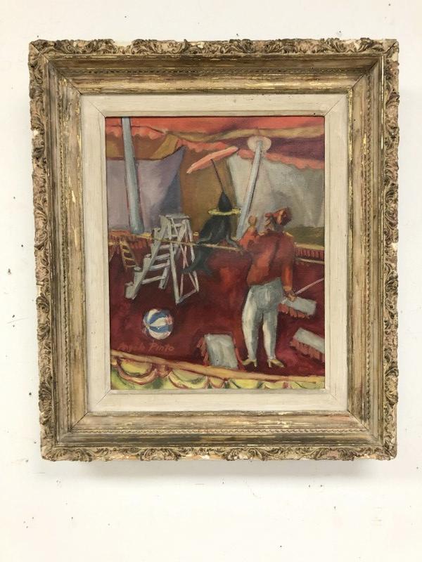 ANGELO PINTO (1908-1994) O/C CIRCUS PERFORMER WITH A: ANGELO PINTO (1908-1994) O/C CIRCUS PERFORMER WITH A SEAL ON TIGHT ROPE, SIGNED LOWER LEFT, PAINTING MEASURES 15" X 12", FRAME SIZE 21" X 18". IN NICE UNTOUCHED CONDITION. FROM ESTATE COLLECTION OF CA