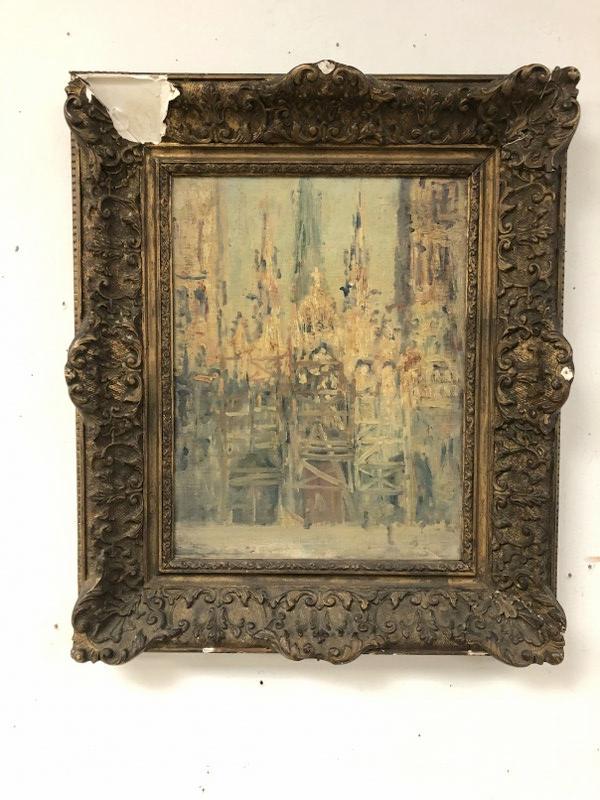 CARROLL SARGENT TYSON (1877-1956) IMPRESSIONIST O/B: CARROLL SARGENT TYSON (1877-1956) IMPRESSIONIST O/B TITLED ( ROUEN CATHEDRAL ), EXHIBITION LABEL ON BACK FROM THE PHILADELPHIA SKETCH CLUB 1927 EXHIBITION OF SKETCHES BY PHILADELPHIA ARTISTS. PAINTING