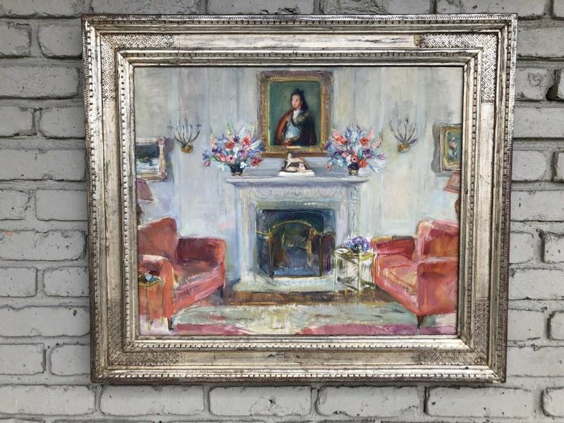Frederick Harer FRAME with Mary T Mason o/c titled Mrs.: IMPORTANT Frederick Harer FRAME with MARY TOWNSEND MASON (1886-1964) O/C TITLED ( MRS. CARROLL TYSON'S DEN ). PAINTING MEASURES 20" X 24", FRAME SIZE 27" X 30.5". HAS EXHIBITION LABE FROM - THE WOODME