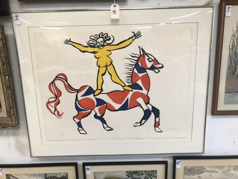 ALEXANDER CALDER (1898-1976) CIRCUS RIDER LITHOGRAPH,: ALEXANDER CALDER (1898-1976) CIRCUS RIDER LITHOGRAPH, NUMBER 94 OF 100 PRINTED, CIRCA 1975. ALL DOCUMENTATION & PAPERWORK ATTACHED TO BACK, IN QUALITY METAL SILVER FRAME. SIGNED IN PENCIL LOWER RIGHT.