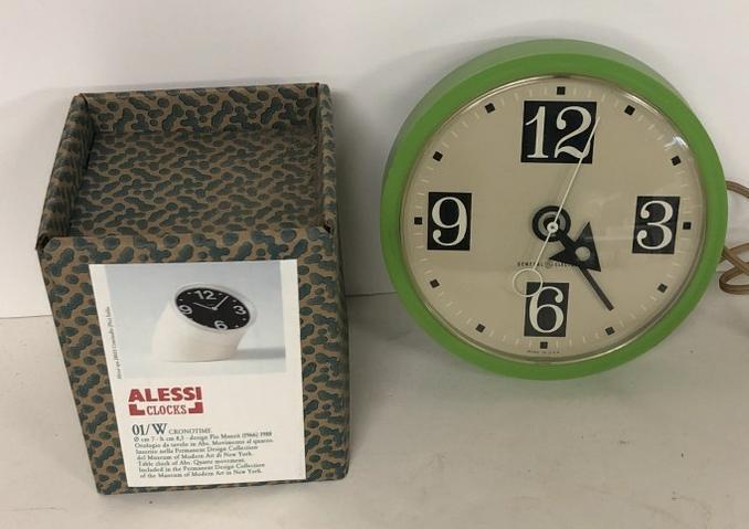 (2) COOL MID CENTURY STYLE CLOCKS, INCLUDES ALESSI NEW: (2) COOL MID CENTURY STYLE CLOCKS, INCLUDES ALESSI NEW IN BOX WHITE CLOCK, AND GENERAL ELECTRIC WALL CLOCK, FROM LOCAL ESTATE.