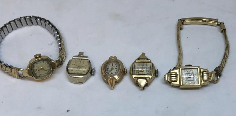 (5) LADIES 14K WRIST WATCHES, CIRCA 1920: (5) LADIES 14K WRIST WATCHES, CIRCA 1920'S OR SO, BODIES ARE GOLD, (NOT THE 2 BANDS), FROM BROOKLYN, N.Y. ESTATE. THEY ARE BULOVA, TOWER, GENEVA, LONGINES & WALTHAM. IN AS FOUND ESTATE CONDITION.