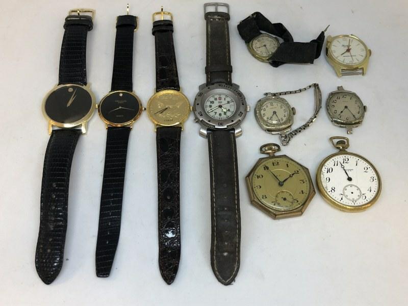 ESTATE LOT WRIST AND POCKET WATCHES, INCLUDES MOVADO: ESTATE LOT WRIST AND POCKET WATCHES, INCLUDES MOVADO BATTERY WRIST, PATEK PHILIPPE QUART (KNOCK OFF), KNOCK OFF GOLD COIN WRIST, AND SWISS ARMY WRIST, ALSO ELGINS LADIES WRIST, HAMILTONS LADIES WRIST,