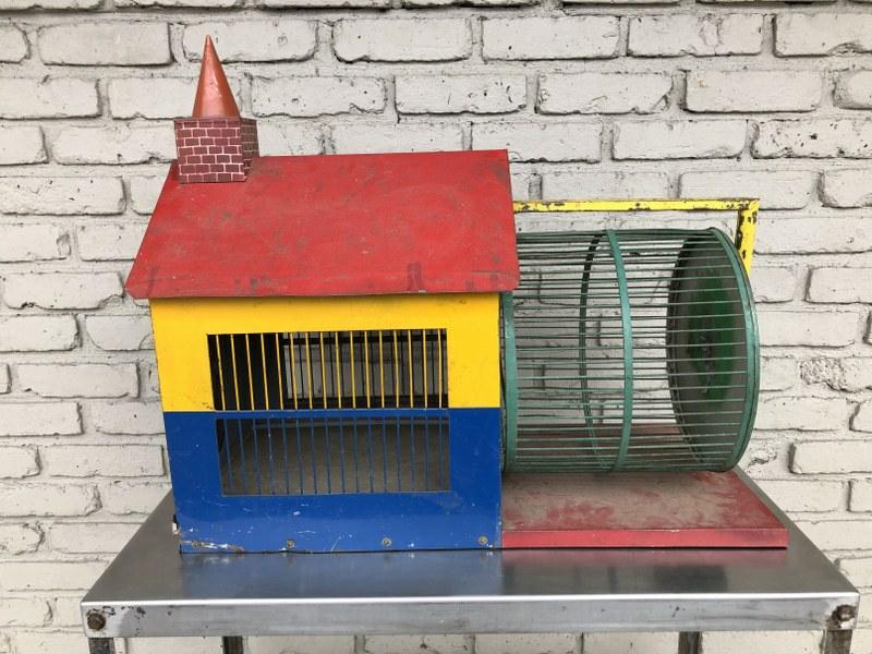 WONDERFUL 1940'S ERA SQUIRREL CAGE, IN GREAT PAINT,: WONDERFUL 1940'S ERA SQUIRREL CAGE, IN GREAT PAINT, METAL IN NICE CONDITION, FROM HUDSON VALLEY ESTATE, MEASURES 26.25" LONG X 22" HIGH.