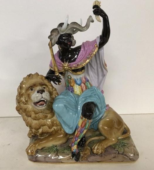 MEISSEN PORCELAIN AFRICA FIGURE FROM ALLEGORIES OF THE: MEISSEN PORCELAIN AFRICA FIGURE FROM ALLEGORIES OF THE FOUR CONTINENTS, MARKED ON BOTTOM AS PICTURED, WITH A NUMBER THAT LOOKS LIKE (689). PROBABLY EARLIER 19TH CENTURY. CONDITION REPORT - LARGE TOE O