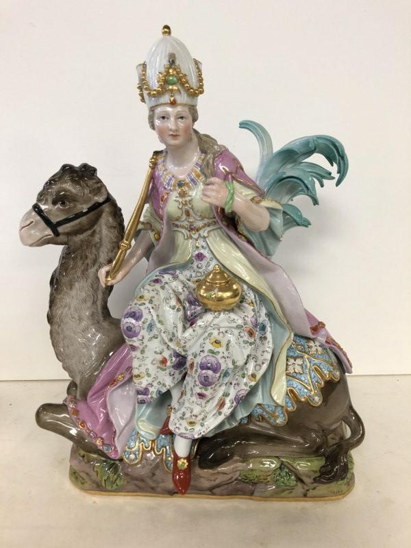 MEISSEN PORCELAIN ASIA FIGURE FROM ALLEGORIES OF THE: MEISSEN PORCELAIN ASIA FIGURE FROM ALLEGORIES OF THE FOUR CONTINENTS, MARKED ON BOTTOM AS PICTURED, WITH A NUMBER (687). PROBABLY EARLIER 19TH CENTURY. CONDITION REPORT - SMALL CHIP FLAKE OFF BOTTOM R