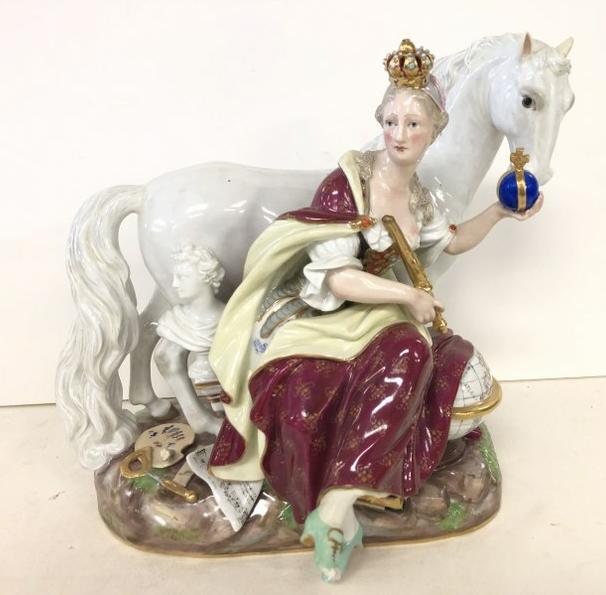 MEISSEN PORCELAIN EUROPE FIGURE, FROM ALLEGORIES OF THE: MEISSEN PORCELAIN EUROPE FIGURE, FROM ALLEGORIES OF THE FOUR CONTINENTS. PROBABLY EARLY 19TH CENTURY, MEASURES 9.75" HIGH X 10" WIDE. MARKED ON BOTTOM AND WITH NUMBER (866). CONDITION REPORT - CHIP ON