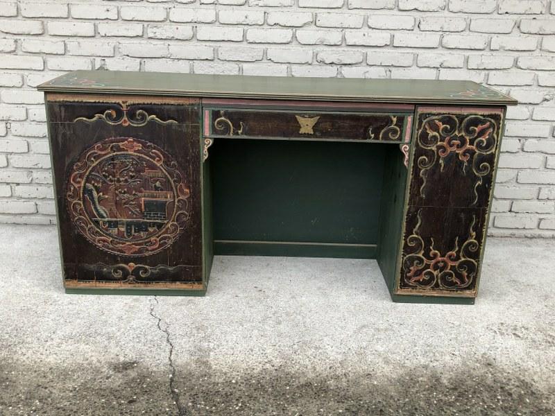 ASIAN CONSOLE TABLE, APPEARS TO HAVE BEEN MADE FROM: ASIAN CONSOLE TABLE, APPEARS TO HAVE BEEN MADE FROM SOLD OLD DOORS AND DRAWER FRONT, AND HAND PAINTED, FROM LOCAL ESTATE, MEASURES 63" WIDE X 17" DEEP X 31" HIGH. STRUCTURALLY SOUND.