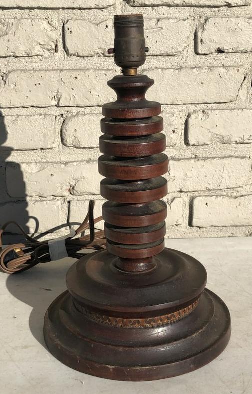 FOLK ART SPIRAL DESIGN TABLE LAMP, WITH INLAY AROUND: FOLK ART SPIRAL DESIGN TABLE LAMP, WITH INLAY AROUND BASE, MEASURES 13" HIGH, OLD DARK FINISH & PATINA, FROM HUDSON VALLEY ESTATE, MADE OF WALNUT.