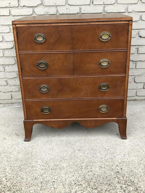 MAHOGANY RADIO CABINET (NO RADIO) WITH DOORS FOR: MAHOGANY RADIO CABINET (NO RADIO) WITH DOORS FOR STORAGE AND DRAWER ON BOTTOM, & 2 DRAWER MAHOGANY NIGHTSTAND. CABINET MEASURES 35"H X 30"W X 17"D. 2 DRAWER STAND MEASURES 28"H X 13.5"D X 16"W. BOTH I
