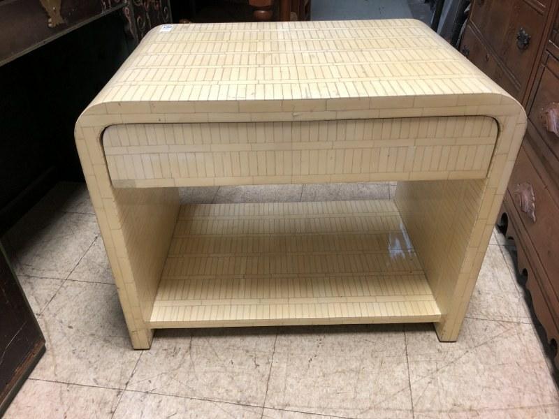 COOL 1970: COOL 1970'S ONE DRAWER NIGHTSTAND OR END TABLE. PIECES LOOK LIKE A BONE LIKE MATERIAL, GOOD CONDITION, MEASURES 24" H X 29" W X 20" DEEP.