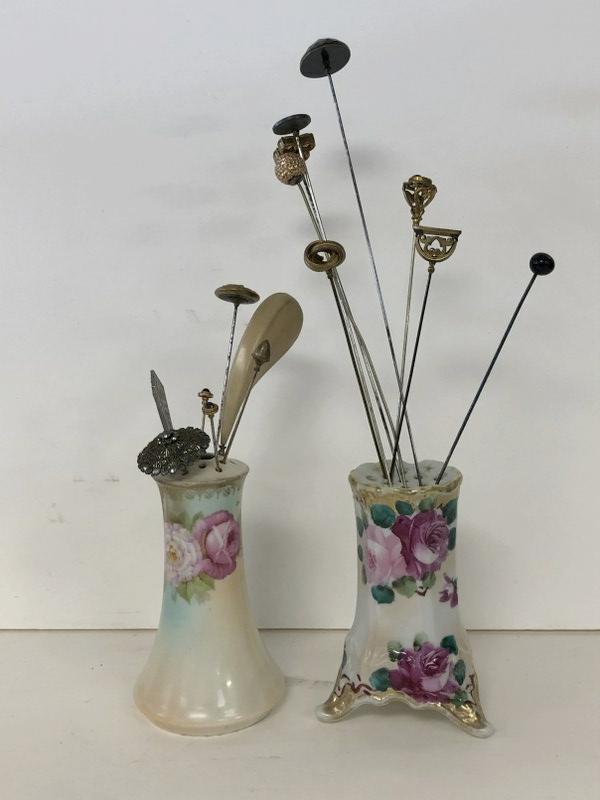 (14) VICTORIAN HAT PINS WITH 2 PORCELAIN HOLDERS, ALL: (14) VICTORIAN HAT PINS WITH 2 PORCELAIN HOLDERS, ALL IN GOOD ESTATE CONDITION, SOME LONGER THAN OTHERS.