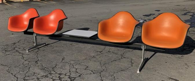 EAMES FOR HERMAN MILLER TANDEM 4 SEAT BENCH & CENTER: EAMES FOR HERMAN MILLER TANDEM 4 SEAT BENCH & CENTER TABLE, FROM CLOSED DOCTOR'S OFFICE IN THE HUDSON VALLEY, IN VERY NICE CONDITION, HAS (2) TEARS IN UPHOLSTERY, (0NE SLIGHT SLIT, OTHER A SMALL TEAR 