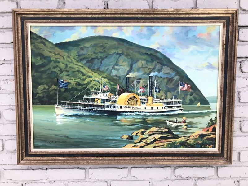 CONTEMPORARY O/C OF THE HUDSON RIVER DAYLINE ( MARY: CONTEMPORARY O/C OF THE HUDSON RIVER DAYLINE ( MARY POWELL), SIGNED HUSTON, FROM DUTCHESS COUNTY ESTATE. PAINTING MEASURES 24" X 26". IN EXCELLENT CONDITION.