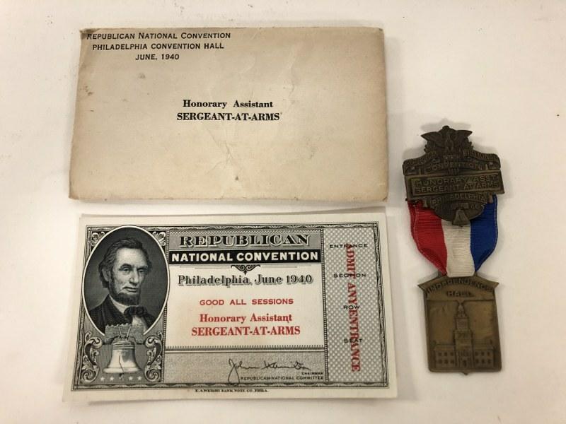1940 REPUBLICAN NATIONAL COMMITTEE HONORARY ASSISTANT: 1940 REPUBLICAN NATIONAL COMMITTEE HONORARY ASSISTANT SERGEANT AT ARMS PASS (TICKET), PLUS MEDAL & RIBBON, WITH ORIGINAL ENVELOPE. IN VERY NICE ESTATE CONDITION. FROM DUTCHESS COUNTY ESTATE.