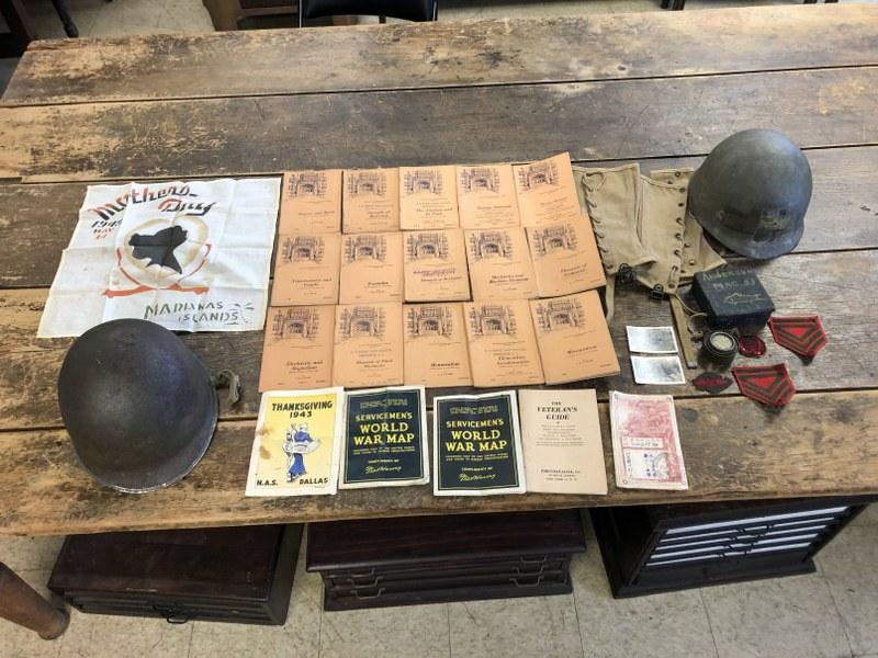 WW II MILITARY ERA LOT INCL. 2 HELMETS (ONE IS LIGHTER: WW II MILITARY ERA LOT INCL. 2 HELMETS (ONE IS LIGHTER THAN OTHER ), BOOKLETS FOR TRAINING, JAPANESE BOOKLET DATED 1936, PATCHES, HANDMADE HANDKERCHIEF MOTHERS DAY MARIAMAS ISLANDS, AND 2 SNAPSHOTS OF