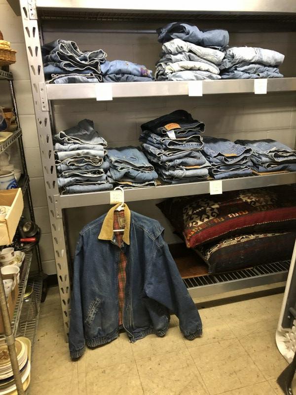 ESTATE LOT OF DENIM JEANS, AND RELATED FROM ULSTER: ESTATE LOT OF DENIM JEANS, AND RELATED FROM ULSTER COUNTY ESTATE. MOST MENS ARE 34 & 36 WAIST, 2 WOMENS JEANS, 2 WOMENS SHORTS, & 2 WOMENS SHIRTS. ALL REST MENS. CALVIN KLEIN JACKET, PANTS BY LEVIS, L