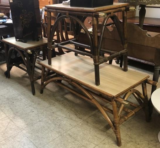 MID CENTURY 3 PC. BAMBOO COFFEE TABLE & PR. END TABLES,: MID CENTURY 3 PC. BAMBOO COFFEE TABLE & PR. END TABLES, IN GOOD CONDITION, FROM STORAGE OF INTERIOR DECORATOR. ONE BRASS END CAP MISSING FROM COFFEE TABLE. FORMICA TOPS. END TABLES MEASURE 24.5" HIGH 