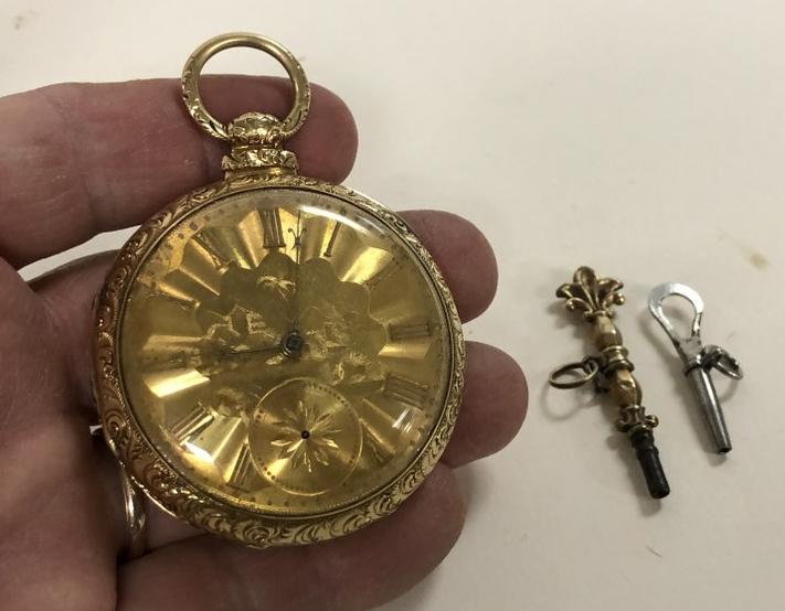18K ENGLISH FUSSEE OPEN FACE POCKET WATCH, FROM ESTATE: 18K ENGLISH FUSSEE OPEN FACE POCKET WATCH, FROM ESTATE IN BROOKLYN, N.Y. HAS 2 KEYS, CHAIN INTACT, NOT RUNNING, CHIP IN CRYSTAL, MISSING SECOND HAND, BODY IS IN EXCELLENT CONDITION, HAS JOHN BEESLEY O