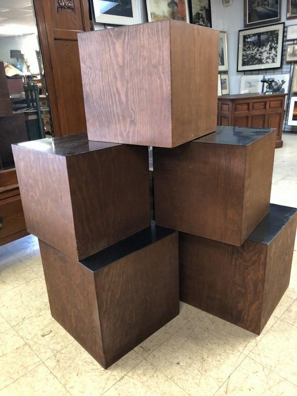 (5) MID CENTURY CUBES W/BLACK LAMINATE TOPS, MADE OF: (5) MID CENTURY CUBES W/BLACK LAMINATE TOPS, MADE OF PLYWOOD, CIRCA 1960'S, WERE USED AS END TABLES IN MID CENTURY HOUSE IN ULSTER COUNTY, 2 MEASURE 18" H X 18"W, 3 MEASURE 16"H X 16"W