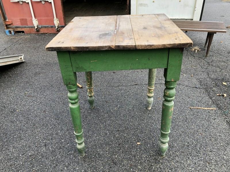 OLD COUNTRY WORK TABLE, WITH OLD GREEN PAINT BASE,: OLD COUNTRY WORK TABLE, WITH OLD GREEN PAINT BASE, MEASURES 24" X 24" X 29" HIGH. FROM LOCAL HOME.