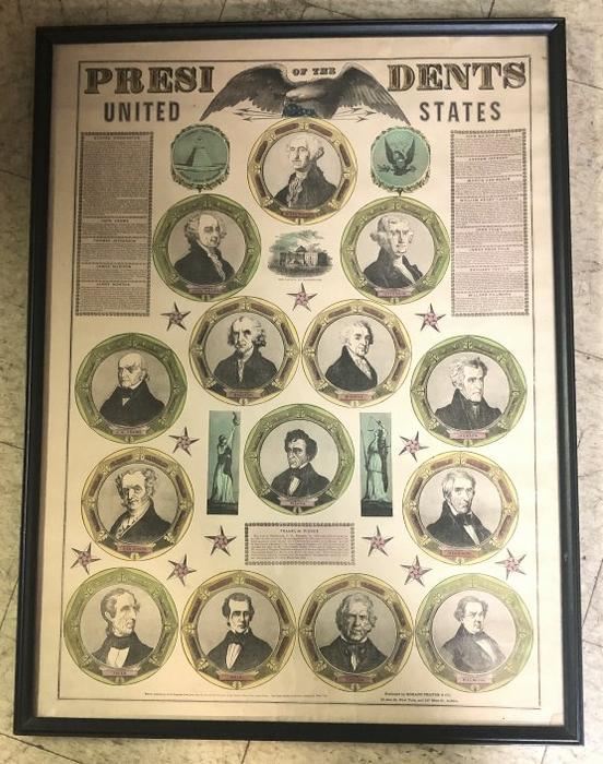 1848 COLOR POSTER OR COLOR PRINT TITLED PRESIDENTS OF: 1848 COLOR POSTER OR COLOR PRINT TITLED PRESIDENTS OF THE UNITED STATES, PUBLISHED BY HORACE THAYER & CO. N.Y. & BUFFALO, NICE OVERALL CONDITION, IN BLACK FRAME, MEASURES 31" X 23". A FEW MINOR TEARS 