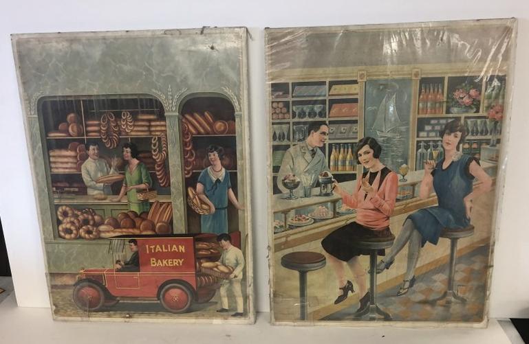 2 GERMAN 1930: 2 GERMAN 1930'S LITHOGRAPHS, 1 AT DRUGSTORE SODA FOUNTAIN COUNTER AND THE OTHER IN A BAKERY, SOME LIGHT STAINING , SHRINK WRAPPED ON FOAM CORE, MEASURE 20" X 15" EACH