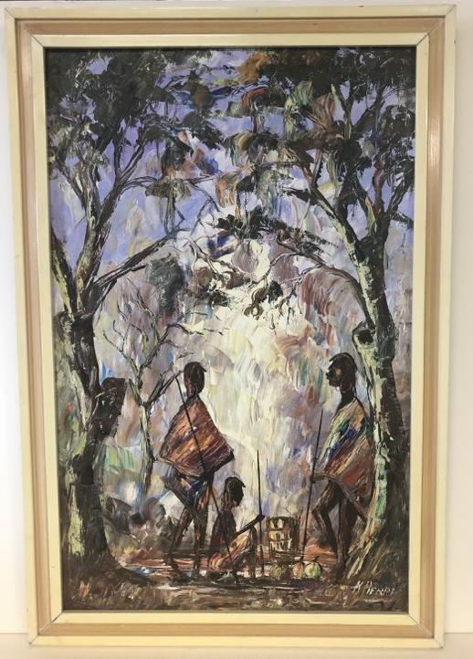 MID CENTURY IMPRESSIONIST O/B SIGNED K PIERRE OF INDIAN: MID CENTURY IMPRESSIONIST O/B SIGNED K PIERRE OF INDIAN VILLAGERS AROUND FIRE, MEASURES 27 1/4" X 17", FRAMED