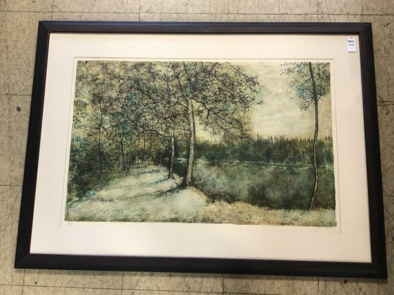 SIGNED BERNARD GANTNER LITHOGRAPH, LES MURMURES DE LA: SIGNED BERNARD GANTNER LITHOGRAPH, LES MURMURES DE LA FORET #66/100, PURCHASED FROM GALLERIE VENDOME, INC, BROOKFIELD, CT IN 1990, MEASURES 32 1/2" X20 34", WITH INVOICE & CERTIFICAT D'AUTHENTICITE ON
