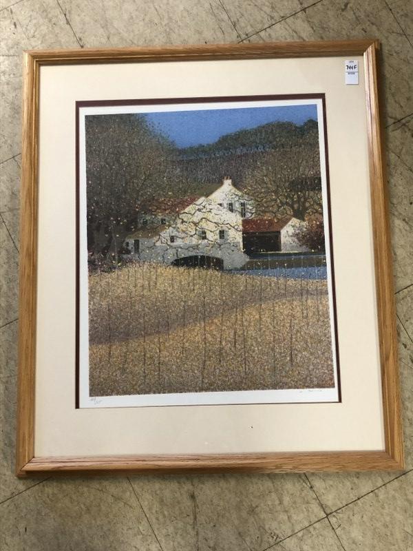 SIGNED ANDRE BOURRIE LITHOGRAPH TITLED AUTOMNE AU: SIGNED ANDRE BOURRIE LITHOGRAPH TITLED AUTOMNE AU MOULIN, #123/125, PURCHASED FROM GALLERIE VENDOME, INC IN BROOKFIELD CT IN 1990, MEASURES 22" X 18 1/2" FRAME MEASURES 34" X 29", INVOICE & CERTIFICAT