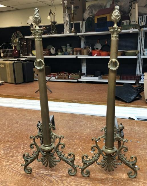 PR. TALL BRASS ESTATE OLDER DECORATIVE ANDIRONS, FROM: PR. TALL BRASS ESTATE OLDER DECORATIVE ANDIRONS, FROM LOCAL ESTATE, NICE CONDITION, MEASURE 28" HIGH.