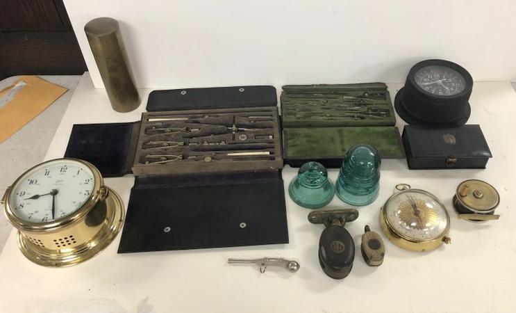 MISC. ESTATE LOT INCL. 2 OLDER SETS DRAFTING TOOLS, 2: MISC. ESTATE LOT INCL. 2 OLDER SETS DRAFTING TOOLS, 2 QUARTZ CLOCKS, OLD FISHING REEL, ETC.