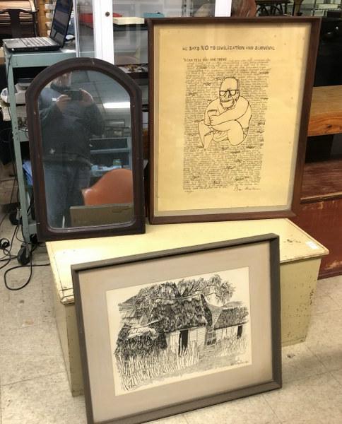 (3) PCS. FROM LOCAL ESTATE, INCL. BEN SHAHN SIGNED (?): (3) PCS. FROM LOCAL ESTATE, INCL. BEN SHAHN SIGNED (?) LIMITED EDITION POSTER 230/500, OLD MIRROR & SIGNED ROB GUTOUSKI PEN & INK DRAWING DATED 1965. FROM LOCAL ESTATE.