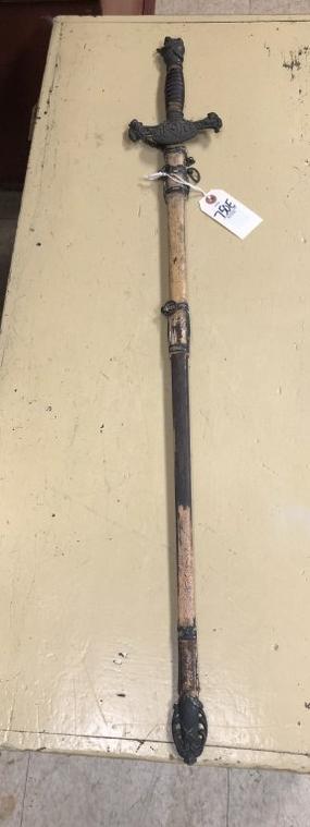 OLD FRATERNAL (?) SWORD WITH SHEATH, IN AS FOUND ESTATE: OLD FRATERNAL (?) SWORD WITH SHEATH, IN AS FOUND ESTATE CONDITION, AS PICTURED, WEAR TO FINISH ON BLADE, FROM LOCAL ESTATE.
