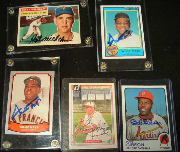 5 SIGNED BASEBALL CARDS, SOME HALL OF FAMERS, BOB G: 5 SIGNED BASEBALL CARDS, SOME HALL OF FAMERS, BOB GIBSON, 2 WILLIE MAYS, JOHNNY MIZE, AND HOYT WILHELM