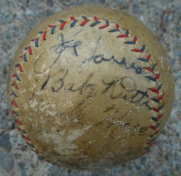 SIGNED BABE RUTH AND OTHER SPORTS CELEBRITIES BASEB: SIGNED BABE RUTH AND OTHER SPORTS CELEBRITIES BASEBALL FROM ESTATE OF MAX AUDUSCHEVSKI IN KINGSTON NY, ALSO ON BALL ARE BOXERS JOE LOUIS, BARNEY ROSS, BASEBALL PLAYERS MIKE FERRARO, TOM HOLMES, BILL L