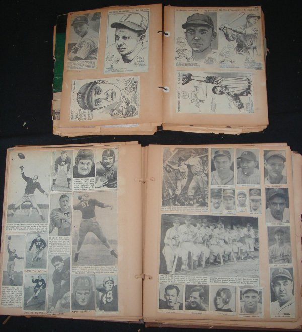 2 1930'S BASEBALL SCRAPBOOKS WITH HALL OF FAME PLAY: 2 1930'S BASEBALL SCRAPBOOKS WITH HALL OF FAME PLAYER MUTOSCOPE CARDS IN ONE OF THEM, SOME FOOTBALL IN BACK OF ONE WITH TICKET STUBS, NICE LOT FOR BASEBALL COLLECTOR